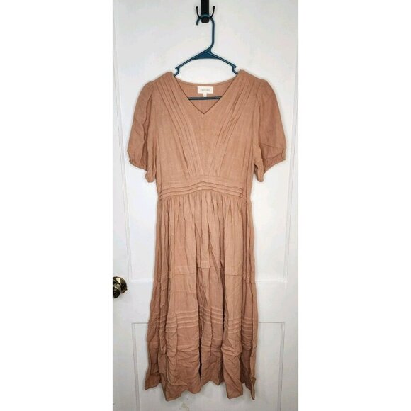 Medium Bohme Beige Blush Pink Tiered Maxi Dress Linen Viscose Blend - Picture 1 of 4